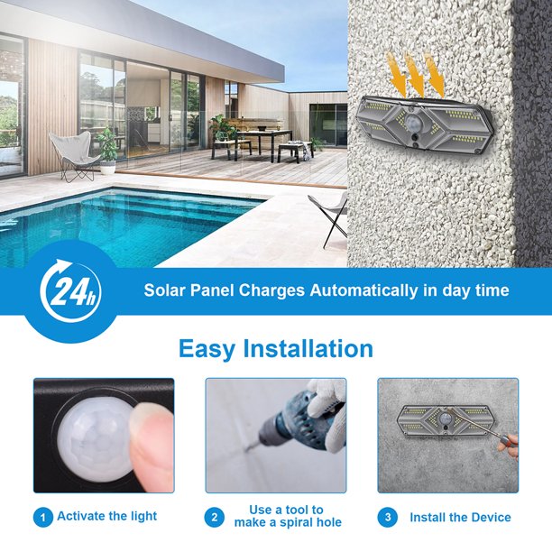 Solar Lights Outdoor 2 Packs, 104 LED Motion Security Lights Solar Wall Lights with 3 Modes, 120° Lighting Angle Motion Sensor Security Lights, IP65 Waterproof Wireless Wall Lights Solar Powered