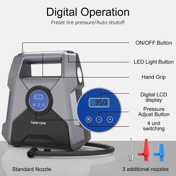 Portable Air Compressor for Car Emossie DC 12V Auto Air Pumps for Inflatables, Electric Digital Tire Pump with LED Light for Car, Bike, Motorbike, Basketball