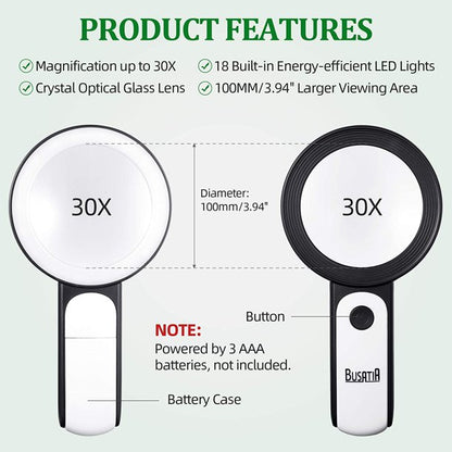 Vinmall Hold Held Magnifying Glasses 30X with Light for Reading Magnifying Aids for Seniors 3.15 inch Magnifier Glass Black