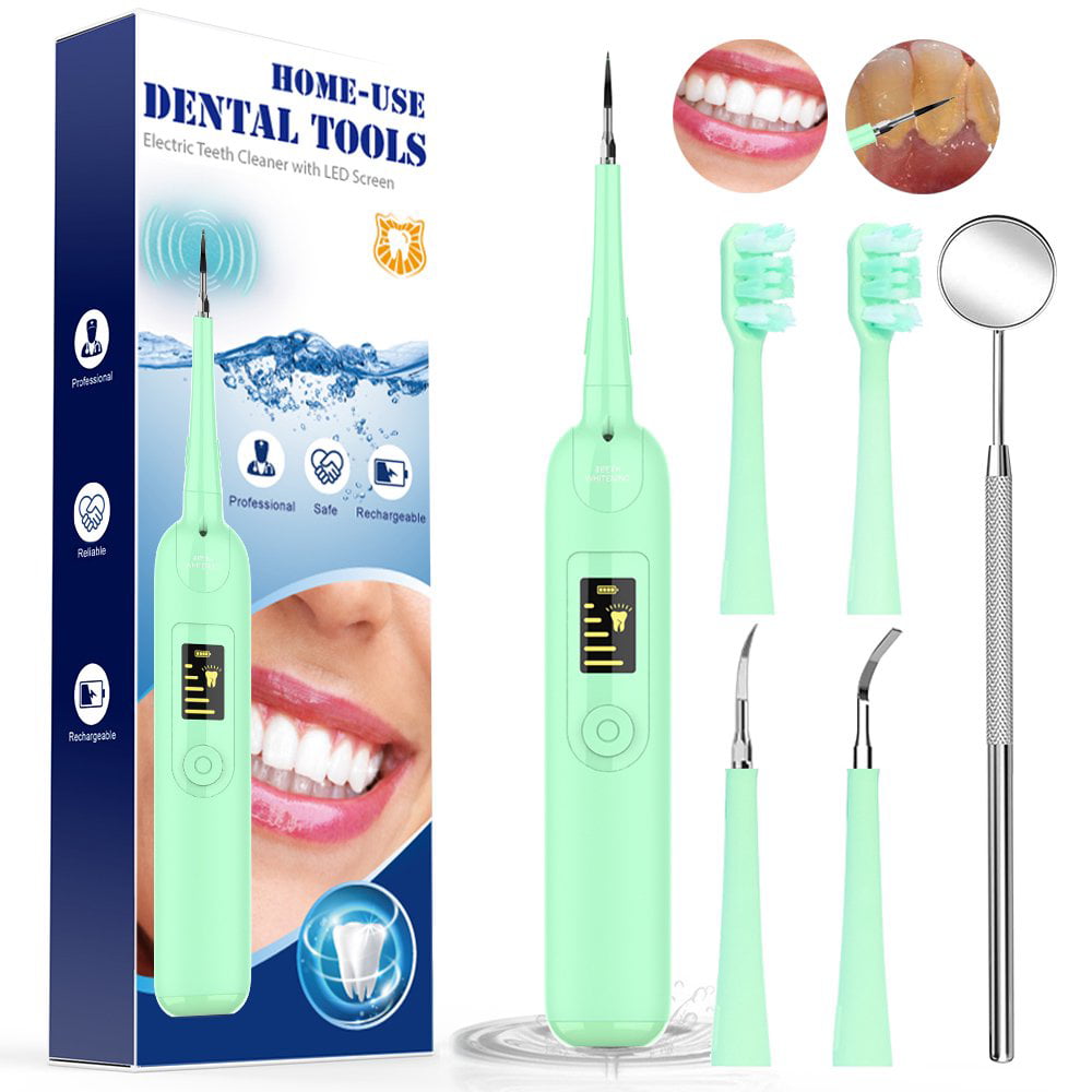 Electric Dental Calculus Remover, Plaque Remover for Teeth Dental Tools, Electric Tartar Remover Tooth Cleaner with 2 Cleaning Heads and 2 Brush Heads (Green)