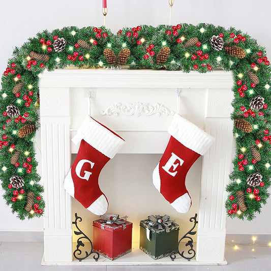 Vinmall Pre-lit Christmas Garland with LED Lights, Pinecones and Red Berries, 9 ft Lenth, 10 inch Width