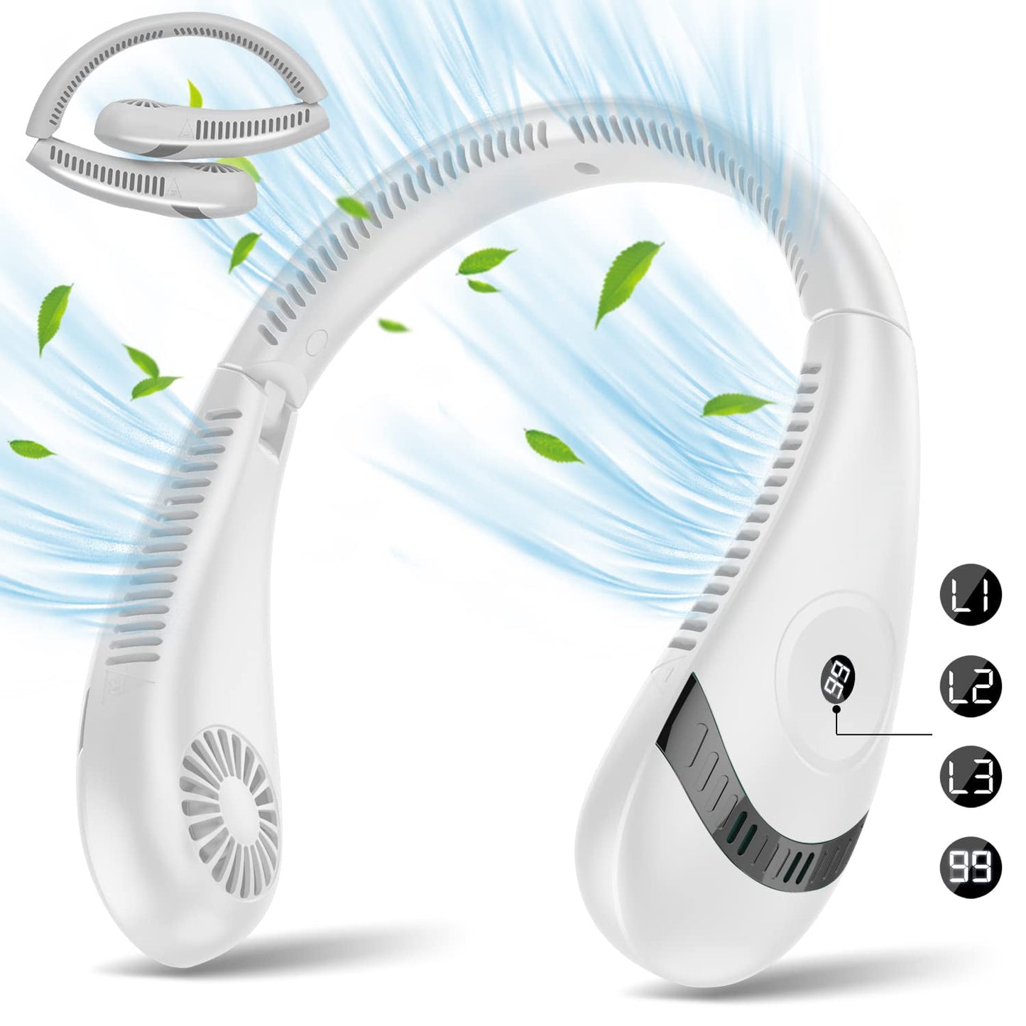 Bladeless Neck Fan Rechargeable, Portable Personal Neck Fan, 5000mAh Hands Free Foldable Neck Fan for Outdoor Travel Indoor, White