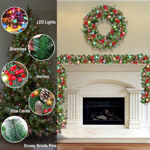 Cooseas Artificial Christmas Garland Flocked with Mixed Decorations and LED Color Lights Frosted Berry Faux Vine Lights, 9 ft