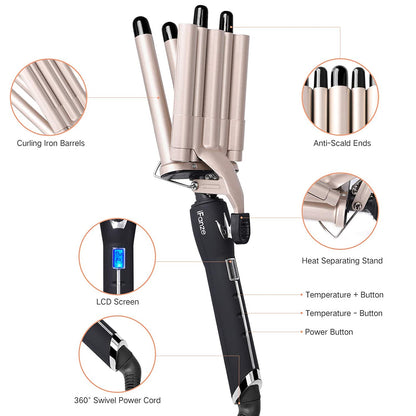 iFanze Travel Size 0.5" Tourmaline Ceramic Multi Functional 5 Barrel Crimper, Waver & Curling Iron with LCD Temperature Display, Beige