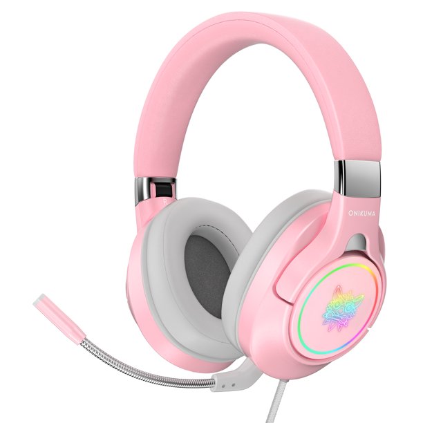 ONIKUMA Pink Gaming Headset, 3D Stereo Surround Sound RGB Folding Over-ear Gaming Headphones with Detachable 360° Noise Cancelling Mic for PC Laptop PS4 Xbox One Nintendo Switch