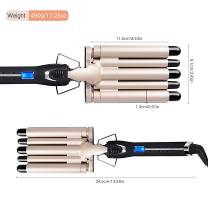 iFanze 3 Barrel Curling Iron Wand, 1" Tourmaline Ceramic Multi Functional 3 Barrel Waver Crimper Hair Iron with LCD Temperature Display, Travel Size, Beige