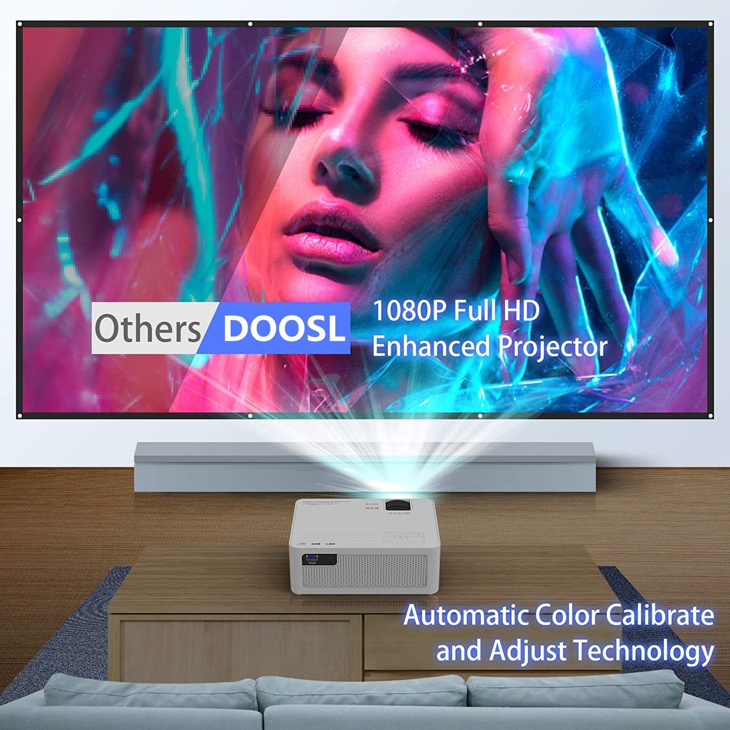 DOOSL 5G Wi-Fi Projector, 14000 Lumen Native 1080P HD Portable Movie Projector with Bluetooth & Remote, 120-inch Screen Included, Sync Smartphone, Compatible with TV Stick, PS4, HDMI, VGA, Xbox