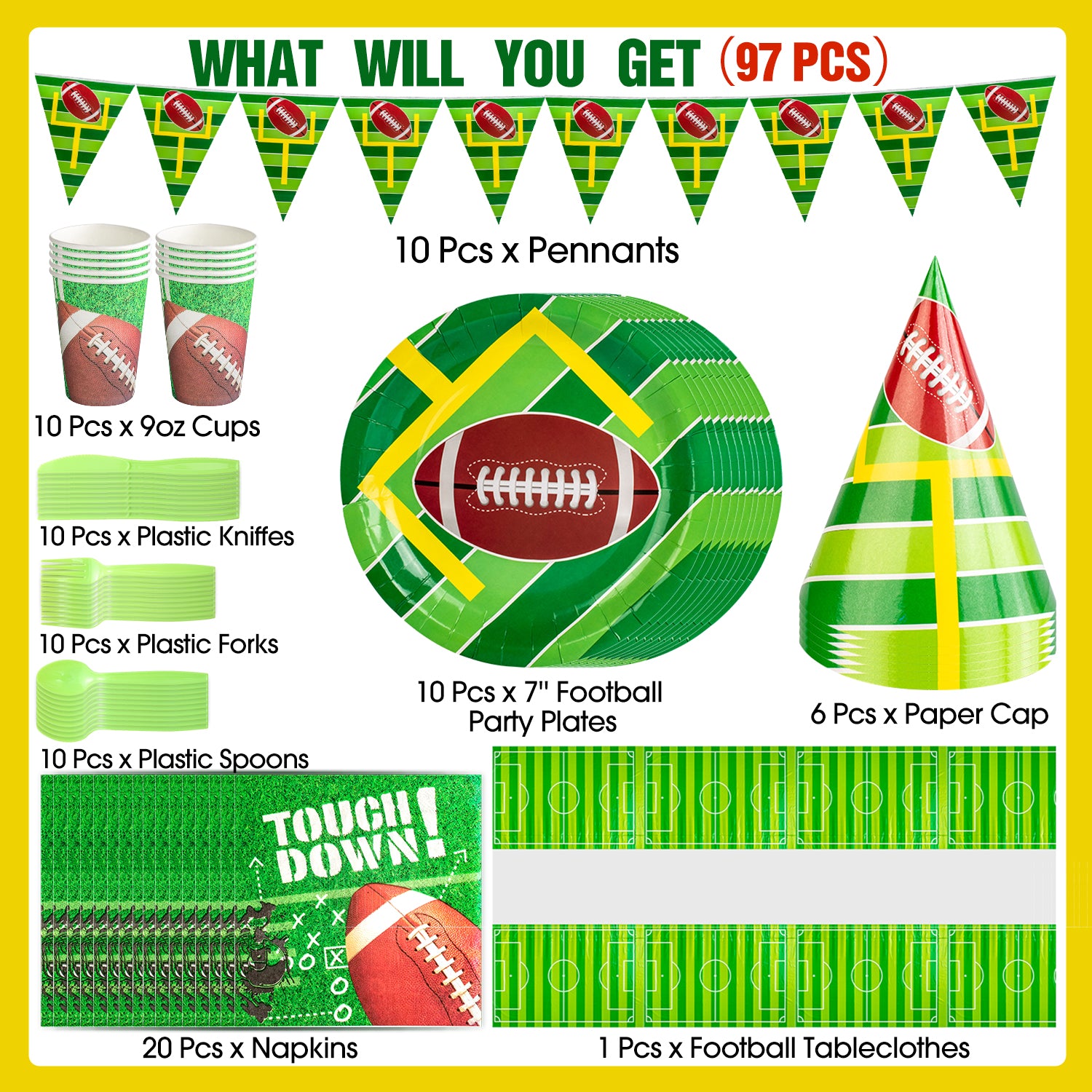 Melliful Football Themed Party Supplies Decorations Serve 10, Super Bowl Tableware Kit for Touchdown Game Day Birthday Themed Party