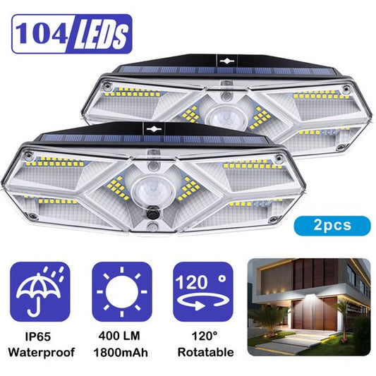 Solar Lights Outdoor 2 Packs, 104 LED Motion Security Lights Solar Wall Lights with 3 Modes, 120° Lighting Angle Motion Sensor Security Lights, IP65 Waterproof Wireless Wall Lights Solar Powered