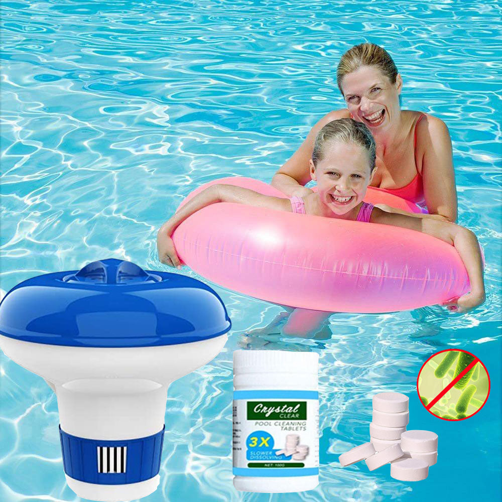 Jorocks 100 Pieces Chlorine Tablets with  Floating Chlorine Dispenser, Pool Supply Pool Floating Collapsible Chlorine 5" Tablet Chemical Dispenser for Indoor Outdoor Pool Spa Hot Tub Fountain