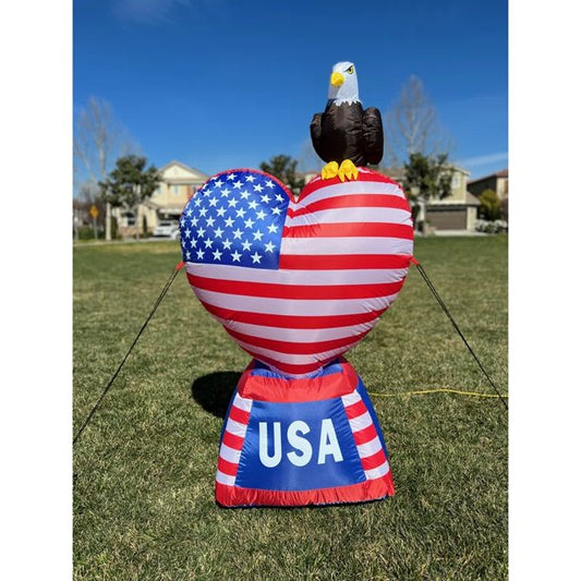 6 FT Patriotic Independence Day 4th of July Inflatable Love Heart with LED Lights American Flag and Eagle for Outdoor Indoor Lawn Yard Holiday Decoration Blow up Home Garden Decor