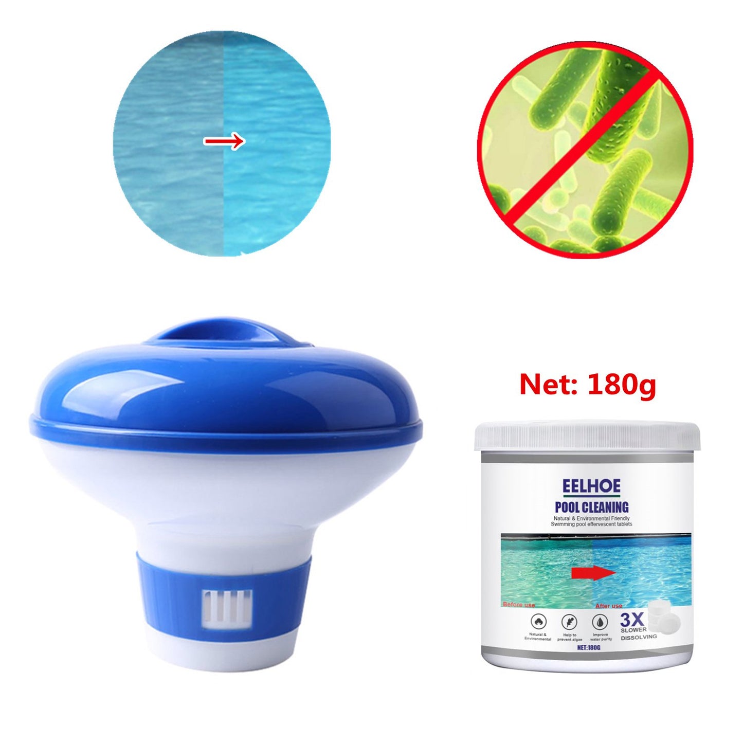 Vinmall 180g Pool Chlorine Tablets & Floating Chlorine Dispenser Combo, 0.4lb Long-lasting Chlorinating Tablets for Swimming Pool Spa Hub or Fountain Cleaning