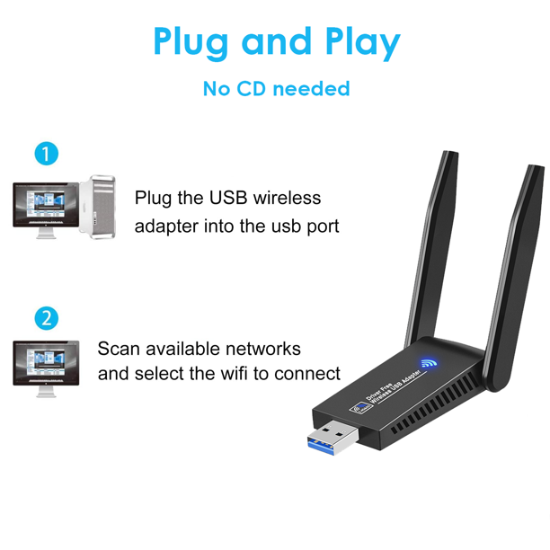 Doosl USB Wifi Adapter Drive Free, 1300Mbps 2.4G/5G 802.11AC Dual Band Wi-Fi Dongle, USB 3.0 Wireless Network Adapter with Antennas for Desktop PC Laptop Compatible for Windows 11/10/8/7/XP