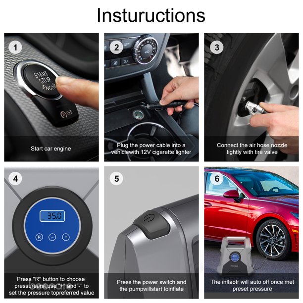 Portable Air Compressor for Car Emossie DC 12V Auto Air Pumps for Inflatables, Electric Digital Tire Pump with LED Light for Car, Bike, Motorbike, Basketball