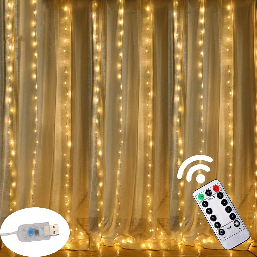 Fairy Curtain String Lights, 9.8 x 9.8 ft Curtain of String Lights with Remote Control, 300 LED Indoor Outdoor Decorative Christmas Twinkle Lights for Bedroom, Patio, Party Wedding(Warm White)