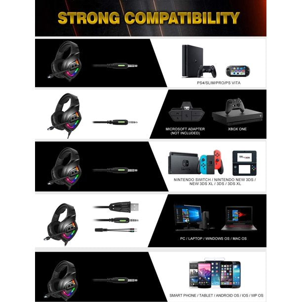 K1-B Gaming Headsets for PS4, Wired Gaming Headphones with Noise Canceling Mic & RGB Light, 7.1 Surround Sound, Compatible with PS5, Xbox One, PC, Laptop, Nintendo Switch, Mac, Mobile