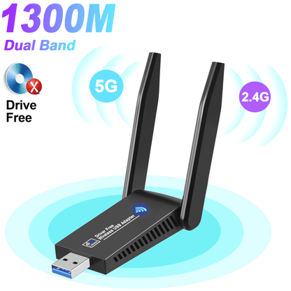 Drive Free USB WiFi Adapter, USB 3.0 1300Mbps 2.4G/5G Dual Band Wireless Adapter WiFi Dongle Network Adapter for Desktop PC Laptop, Compatible with Windows 11/10/8/7/XP