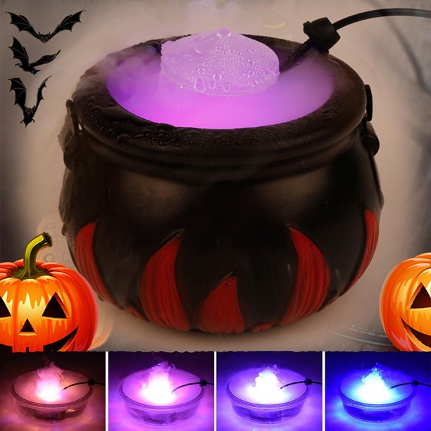 Halloween Smoke Machine with 12 LED Color Changing Cauldron Shape Witch Pot with Mist Maker Fogger Holiday Party Witch Jar Decoration Prop