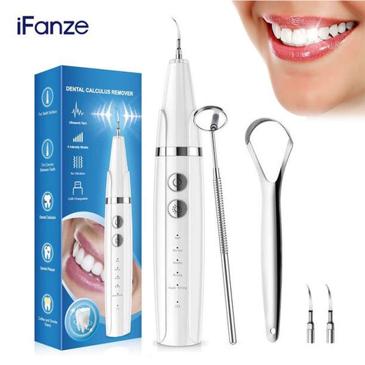 Vinsic Electric Dental Calculus Remover, Ultrasonic Tartar Remover for Teeth, Plaque Remover Teeth Cleaning Kit with 2 Replacement Heads and 1 Tongue Scraper, 5 Adjustable Modes, Safe for Adult Kids, White