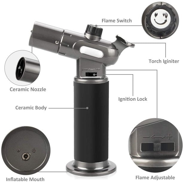 Refillable Butane Torch, Powerful and Adjustable Flame Torch Lighter, Fit All Butane Tanks Blow Torch with Safety Lock for Kitchen Desserts,BBQ and Baking (Butane Gas Not Included)