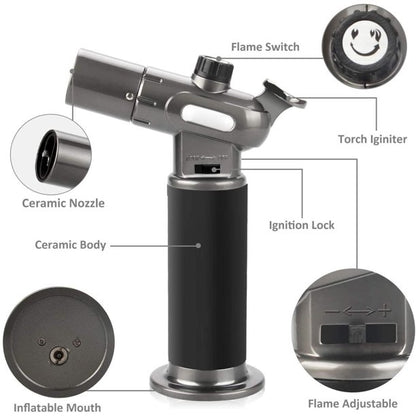 Refillable Butane Torch, Powerful and Adjustable Flame Torch Lighter, Fit All Butane Tanks Blow Torch with Safety Lock for Kitchen Desserts,BBQ and Baking (Butane Gas Not Included)