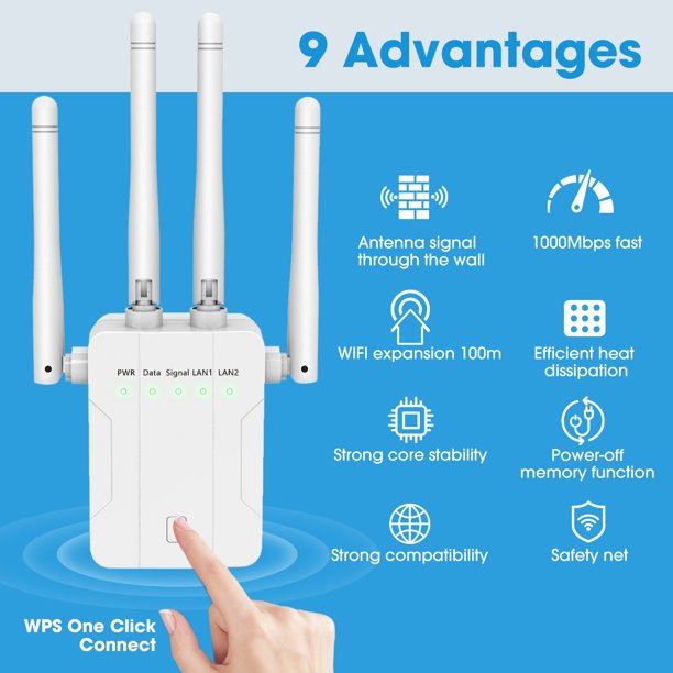 WiFi Range Extenders Signal Booster Up to 1000Mbps for Home, WiFi Booster Repeater 2.4 GHz WPS Wireless Signal Strong Penetrability, Wide Range of Signals(3500 sq.ft)