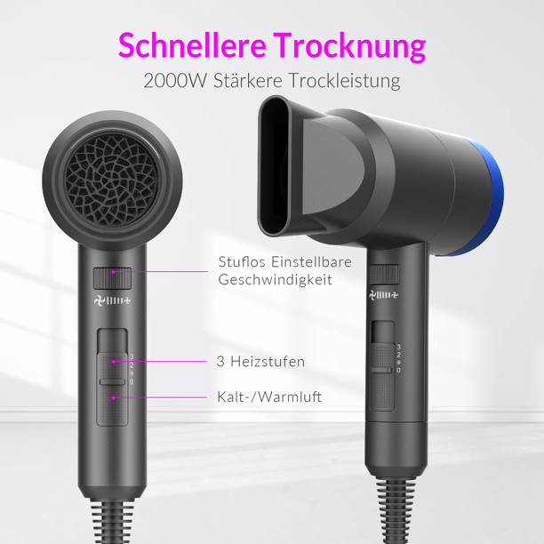 2000W Professional Hair Dryer, Navy Blue with Diffuser Concentrator and Diffuser Blow Dryer for Travel