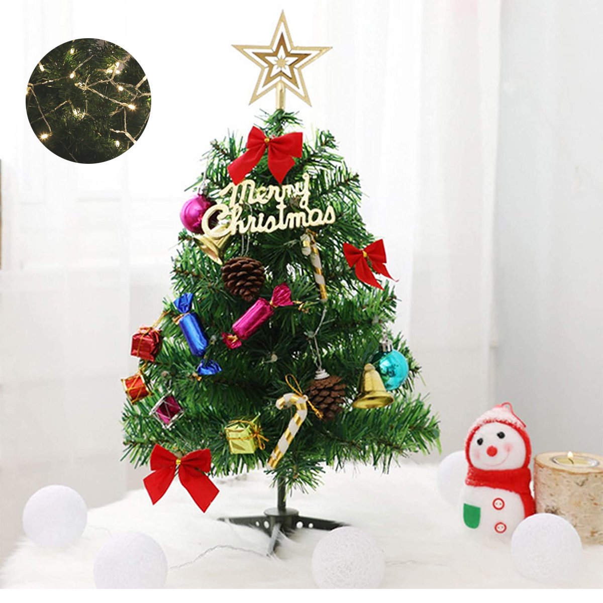 50cm Tabletop Christmas Tree with Led Hanging Lights Desktop Mini Xmas Tree Decoration