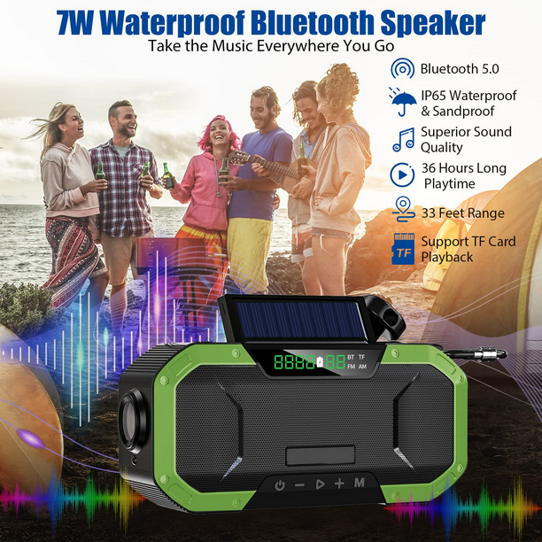 Emergency Weather Radio, 5000mAh Solar Hand Crank Radio, Bluetooth AM FM NOAA Alert Weather Radio, Bluetooth Speakers, Power Bank, Flashlight, SOS Alarm, Compass, Outdoor Camping Hiking Radio