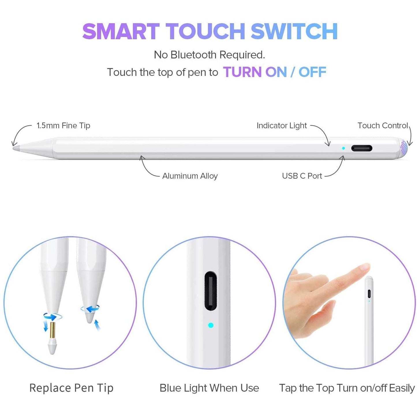 Vinsic Stylus Pen for iPad with Palm Rejection, Active Pencil 1.2mm Fine Tip Smart Pen Rechargeable Precise Writing Drawing Stylus Compatible with iPad iPhone Samsung Android Surface Dell Asus, White