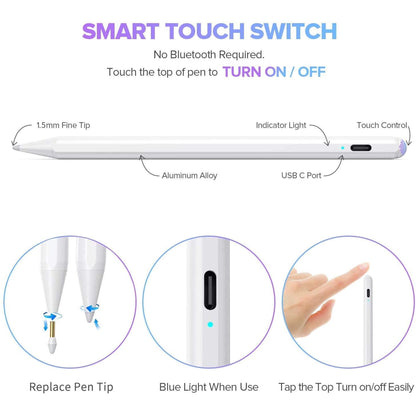 Vinsic Stylus Pen for iPad with Palm Rejection, Active Pencil 1.2mm Fine Tip Smart Pen Rechargeable Precise Writing Drawing Stylus Compatible with iPad iPhone Samsung Android Surface Dell Asus, White