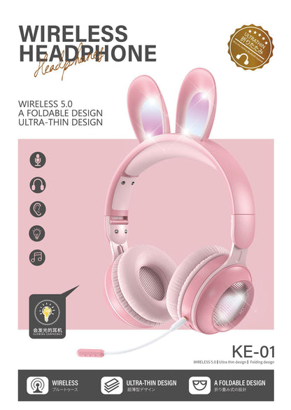 DOOSL over-Ear Bluetooth Headphones with Bunny Ears, Wireless Headphones for Kids Girls, Noise-canceling Mic, Surround Stereo Sound, Pink